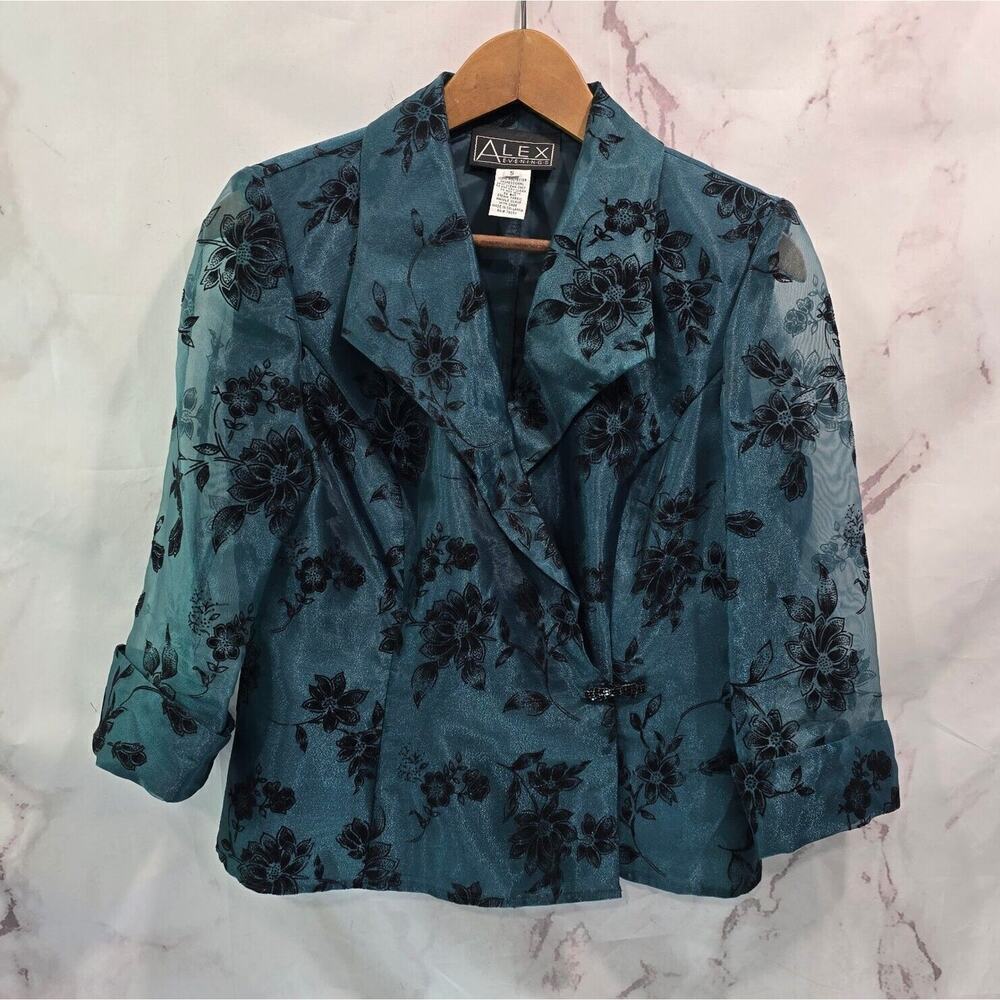 Alex Evenings Jacket Womens Small Dark Forest Green Black Floral Bow Gem Jewel